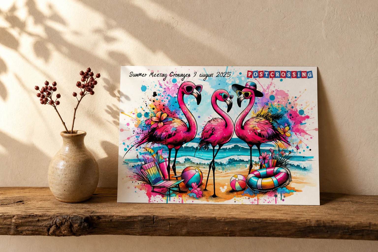 De flamingokaart van Summer Meeting Groningen op een houten plank