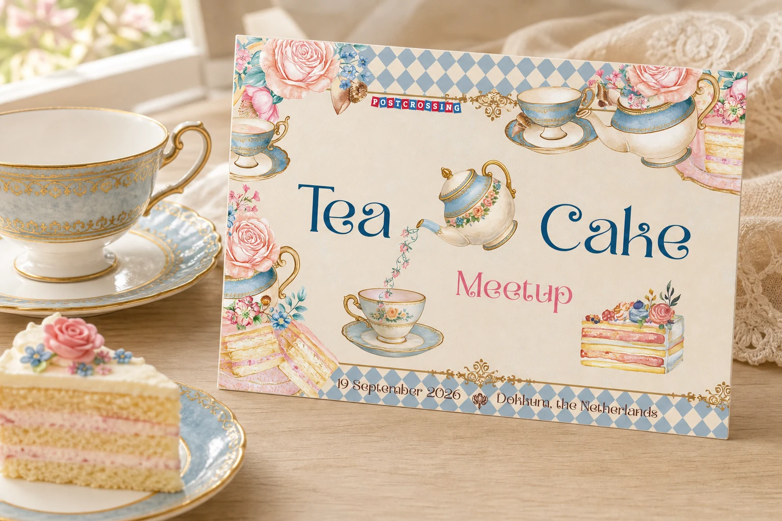 De Tea & Cake Meetup Dokkum kaart op een lichte theetafel bij porselein en taart
