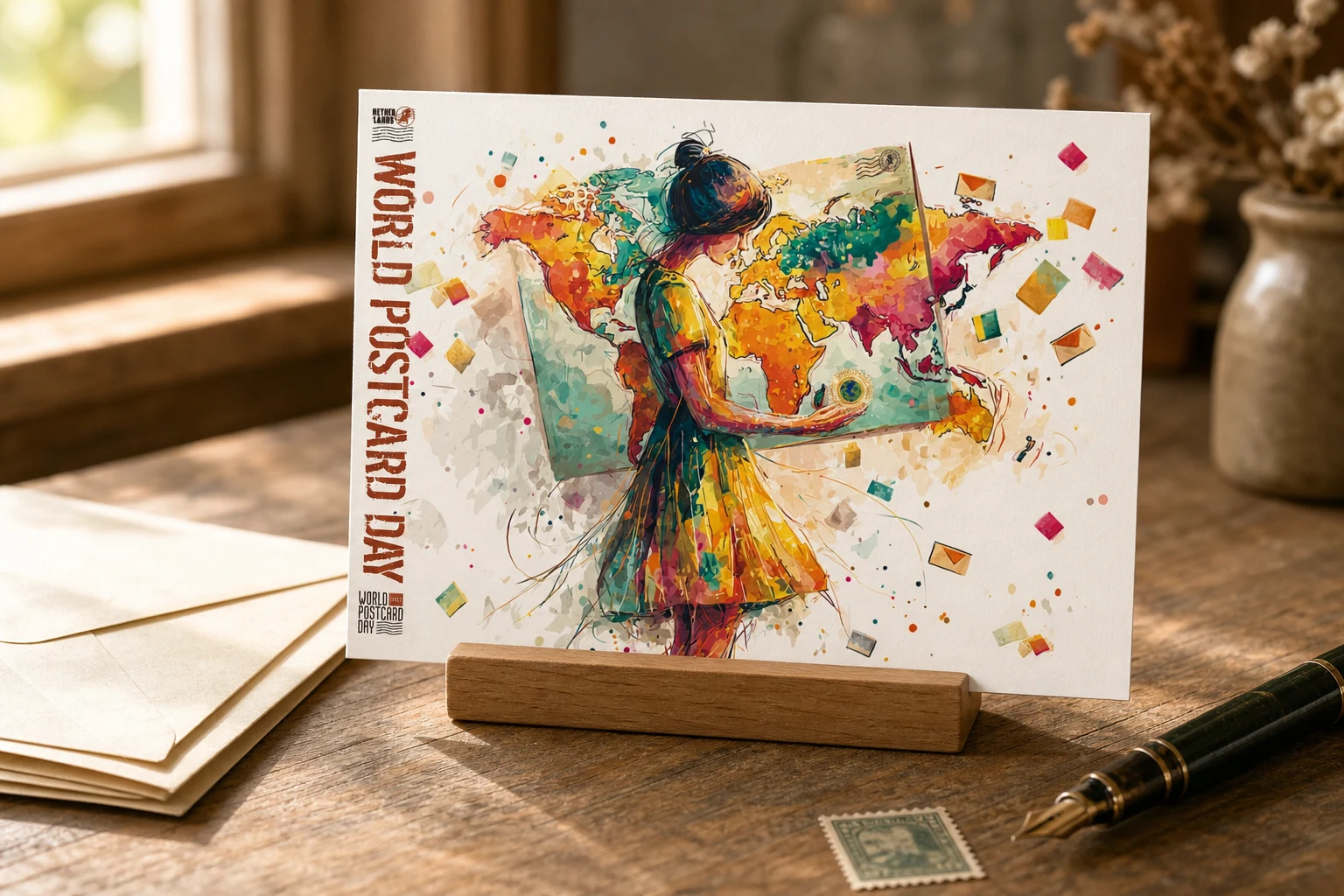 De World Postcard Day kaart in een houten kaarthouder bij enveloppen en een vulpen